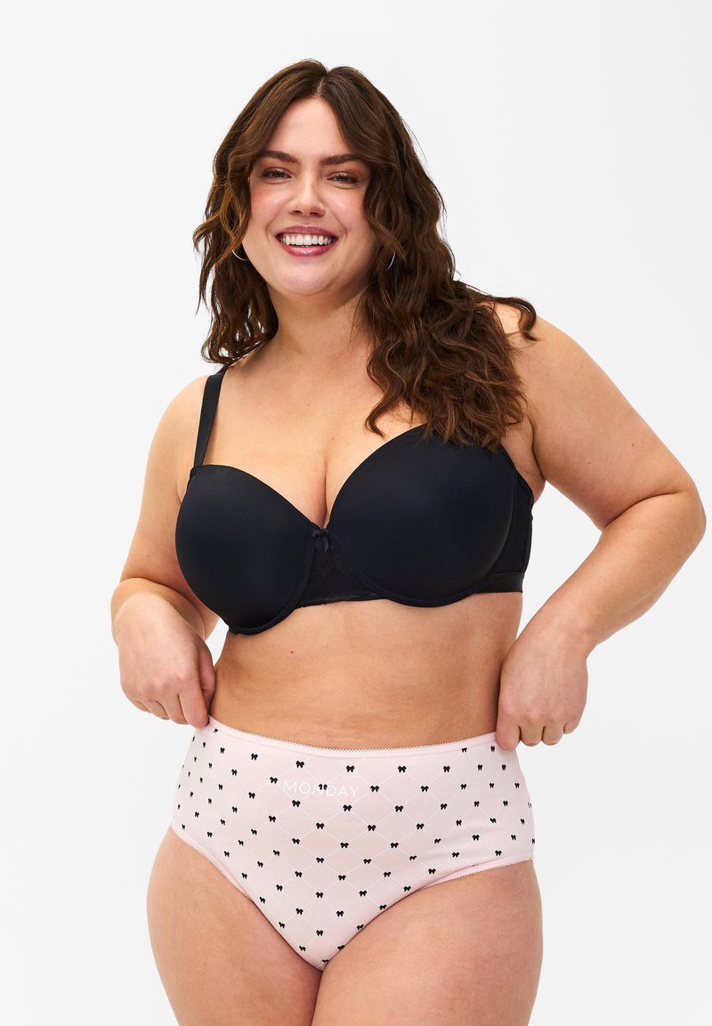 Black padded bra with lace detailing and adjustable straps paired with high-waisted pink panties featuring a repeated black bow pattern and text.