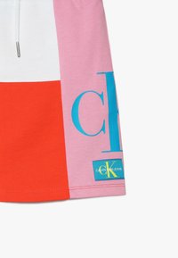 Farverige bomuldsshorts med røde, pink, hvide og blå paneler. Stort "CK" logo, snor i taljen og et mærke på kanten.
