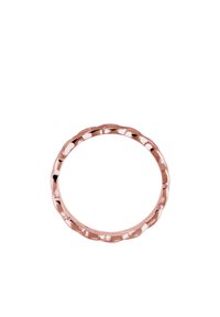 Anello in oro rosa con un design ondulato e testurizzato e piccole aperture lungo la fascia. Superficie liscia con finitura lucida. Forma circolare.