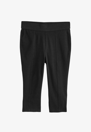 Fekete, derékban gumis, karcsúsított, rövid szabású nadrág, elülső varrással, alkalmi vagy formális viseletre tervezve.