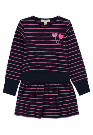 Robe bleu marine à manches longues avec des rayures horizontales roses, taille élastique et deux ballons en forme de cœur brodés près de la poitrine.