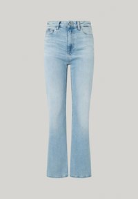 Ljus tvättade jeans med utställda ben, hög midja, femfickdesign och exponerad knappgylf. Med lätt blekning och en ren fåll.