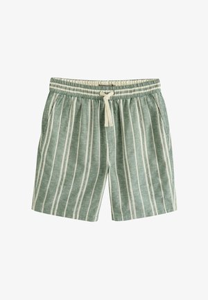 Randiga gröna shorts i mjukt tyg med avslappnad passform, elastisk midja och dragsko. Vertikala vita ränder är framträdande.
