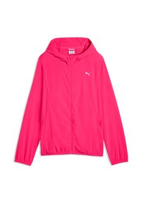 Φουξια φωτεινή ζακέτα Puma με φερμουάρ, ελαστικές μανσέτες, μπροστινές τσέπες και κουκούλα, εμφανίζεται σε λευκό φόντο.