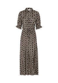 Robe à motifs noirs et beiges avec des formes de diamant, manches courtes, un col et une ceinture à nouer à la taille. Conception fluide de longueur mi-mollet.