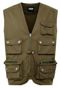 Khaki-Weste aus Baumwolle mit einem Reißverschluss vorne. Verfügt über mehrere Vordertaschen, Druckknöpfe und ein metallisches Ringdetail.