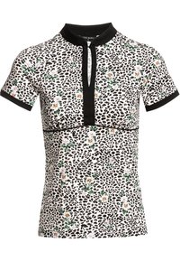 Wit overhemd met korte mouwen met zwarte luipaardvlekken, kleine bloemmotieven, zwarte biezen aan de kraag, mouwboorden en voorpanden.