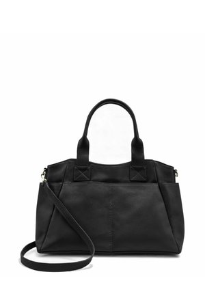 Sac à main en cuir noir avec deux poignées supérieures et une bandoulière détachable. Présente une surface texturée et un design angulaire, compact et spacieux.