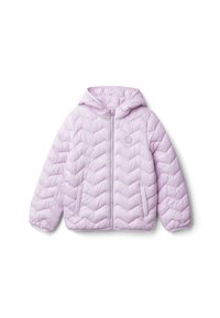 Giacca imbottita a cappuccio di un delicato viola, con motivo a rombi orizzontali, chiusura frontale con zip e tasche laterali. Texture morbida e liscia.