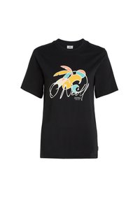 Sort bomulds t-shirt med et farverigt grafisk design, der har ordet "O'Neill" og palmeelementer i pastelfarver. Korte ærmer, rund halsudskæring.