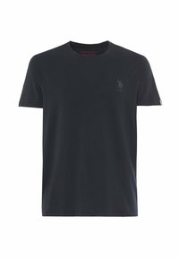 T-shirt nera a girocollo in tessuto di cotone. Presenta un piccolo logo ricamato sul petto e un'etichetta a contrasto sulla manica.