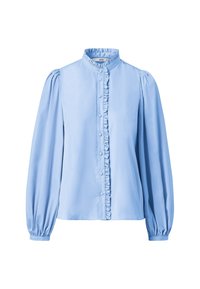 Blusa azzurra chiara con maniche lunghe a sbuffo, placket anteriore arricciato e chiusura con bottoni. Tessuto liscio con una leggera superficie lucida.