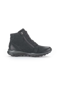 Black ankle boots made of suede with a side zipper, round toe, and rubber sole featuring textured accents and flexible design.