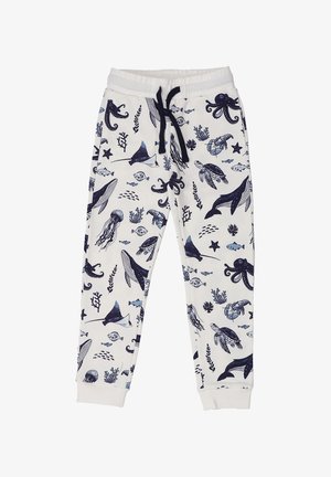 White drawstring pants with navy blue marine life pattern including whales, octopuses, turtles, fish, jellyfish, lobsters, and seaweed.