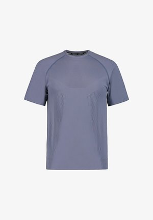 Maglietta sportiva a maniche corte di colore grigio chiaro, con un design a rete testurizzata e motivi a puntini delicati sul davanti e sui lati.