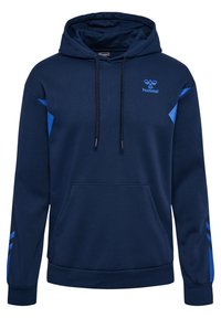 Hoodie bleu marine en mélange de coton, doté d'une poche avant, d'une capuche avec cordon de serrage et d'accents bleus sur les manches avec logo sur la poitrine.