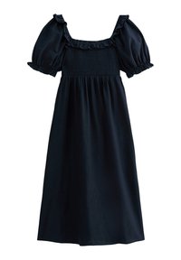 Vestido azul marino con mangas cortas acampanadas, escote cuadrado, corsé fruncido y acentos con volantes en las mangas y el escote. Tejido suave.