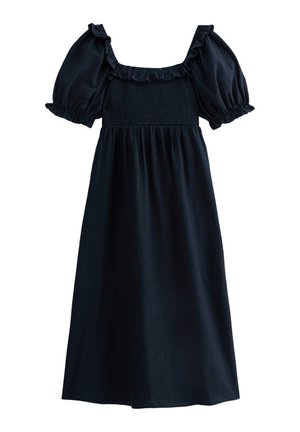 Navy blue dress with short puff sleeves, square neckline, smocked bodice, and ruffled accents on sleeves and neckline. Soft fabric.