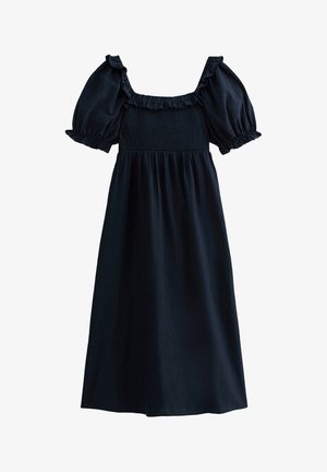 Navy blue dress with short puff sleeves, square neckline, smocked bodice, and ruffled accents on sleeves and neckline. Soft fabric.