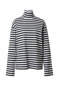 Gestreiftes Rollkragenoberteil mit navy- und weißen horizontalen Streifen, langen Ärmeln und einer weichen, baumwollähnlichen Textur.