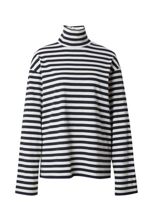 Gestreiftes Rollkragenoberteil mit navy- und weißen horizontalen Streifen, langen Ärmeln und einer weichen, baumwollähnlichen Textur.