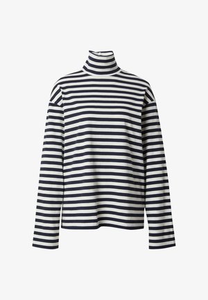 Gestreepte coltrui met marineblauwe en witte horizontale strepen, lange mouwen en een zachte, katoenachtige textuur.