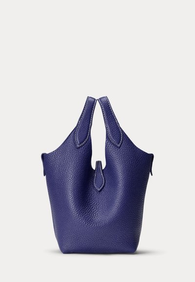 Purple textured leather handbag with short handles forming a small opening, displayed on a plain light background.