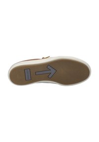 Brown leather sneaker with a white rubber sole and textured brown outsole. Features a silver zipper and a gray directional arrow on the sole.