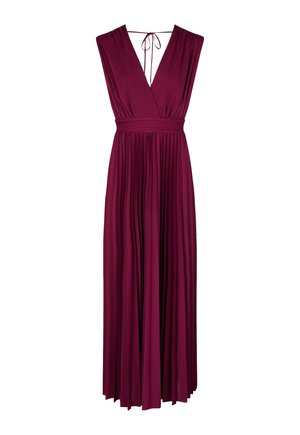 Robe longue bordeaux foncé sans manches avec jupe plissée, encolure en V, taille froncée et fine attache au niveau de l'encolure arrière.