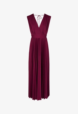 Robe longue bordeaux foncé sans manches avec jupe plissée, encolure en V, taille froncée et fine attache au niveau de l'encolure arrière.