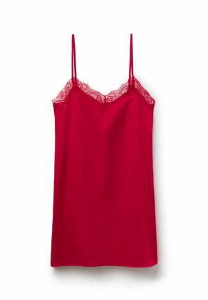 Rote Spitze mit verstellbaren Spaghetti-Trägern, mit einer Spitze am Ausschnitt. Glatte Stoffstruktur mit lässiger Passform.
