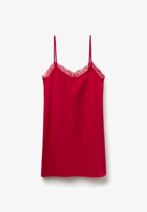 Rote Spitze mit verstellbaren Spaghetti-Trägern, mit einer Spitze am Ausschnitt. Glatte Stoffstruktur mit lässiger Passform.