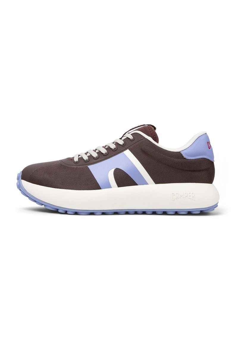 Dark brown sneaker with light purple accents, mesh upper, white laces, and a thick white midsole with a textured blue outsole.