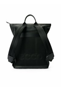 Czarny plecak z rolką na górze, z ergonomicznym siatkowym tyłem, wyściełanymi regulowanymi paskami, skórzanymi akcentami oraz strukturalnym kształtem. Minimalistyczny design.