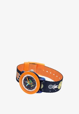 Kinderarmbanduhr mit orangefarbener Lünette und stoffarmband mit Weltraummotiv mit Planeten und Astronauten.