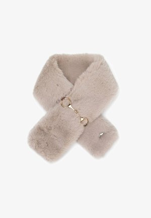 Écharpe en fausse fourrure beige clair avec petit détail de fermoir en métal doré, conçue pour s'enrouler autour du cou pour la chaleur et le style.