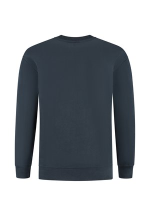 Dark navy sweatshirt with long sleeves, ribbed cuffs, and a round neck. Smooth texture with no visible logo or design details.