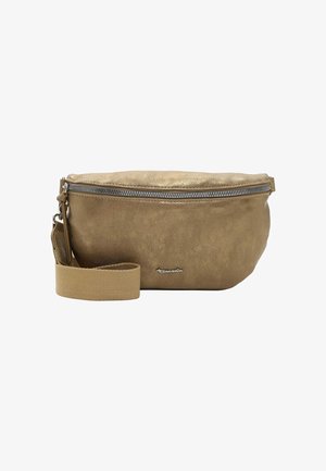 Metallic gold faux leather crossbody bag with a zip closure, a woven strap, and a subtle logo detail on the front. Smooth texture.