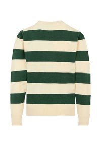 Maglione a righe in crema e verde scuro, realizzato in materiale a maglia. Caratterizzato da un collo a giro e maniche lunghe con polsini a costine.