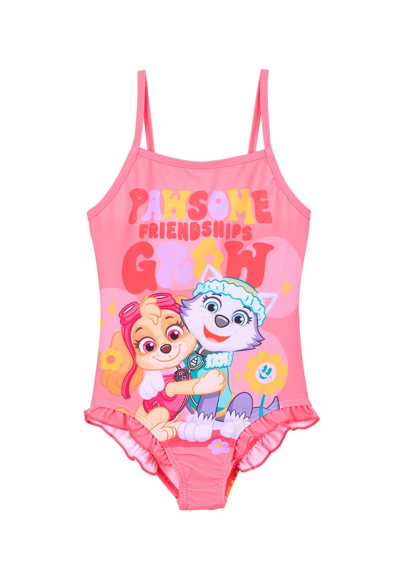 Maillot de bain une pièce rose avec des personnages de chien en cartoon, texte "LES AMITIÉS INCROYABLES GRANDISSENT", bords volants et motifs floraux.