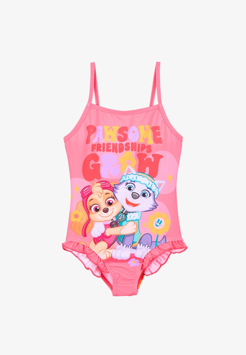 Maillot de bain une pièce rose avec des personnages de chien en cartoon, texte "LES AMITIÉS INCROYABLES GRANDISSENT", bords volants et motifs floraux.