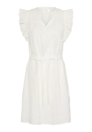 Bílé šaty s krátkými volány, V-výstřihem a zavazováním v pase. Jsou zdobeny vzorem s dírkami po celém materiálu.