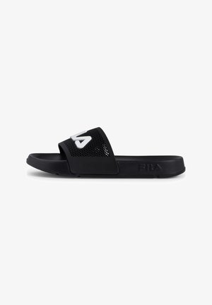 Black slide sandal featuring a perforated strap, textured footbed, and a white logo. Durable rubber outsole with a flat profile.