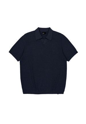 Marineblaues kurzärmeliges Strick-Poloshirt mit Kragen, V-Ausschnitt und gerippten Bündchen und Saum.