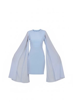 Abito mini aderente azzurro chiaro con maniche lunghe, fluide e a mantella e scollatura rotonda.