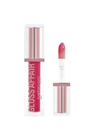 Lucidalabbra rosa in un tubo trasparente con testo in grassetto; include un applicatore a piede di cervo. Accentuato da dettagli argento e un coperchio metallico rosa.