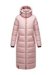 Long pink puffer coat with a high neck, zip front, and elastic cuffs. Features two zippered pockets with orange accents. Smooth, shiny texture.