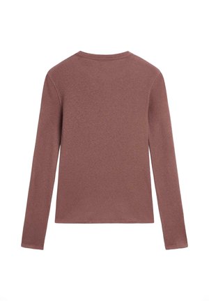 Long-sleeve, crew neck top in a dusty rose color, made from a soft, textured fabric with a straight hem and no visible branding.