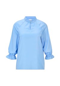 Lichtblauwe blouse met 3/4 pofmouwen, gerimpelde elastische manchetten en een knoopsluiting bij de halsopening.