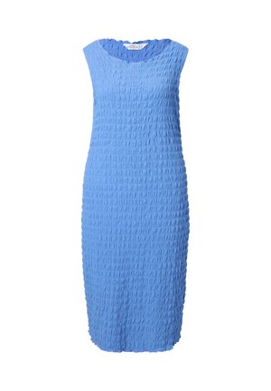 Blue sleeveless dress featuring a textured, rippled fabric with a slightly scooped neckline and a fitted midi length.